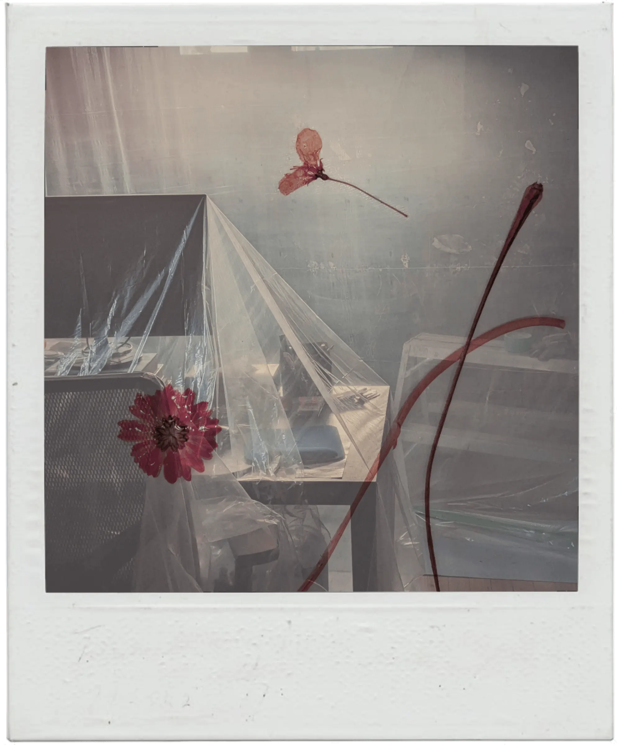 Double exposure of flowers on my office during house renovations