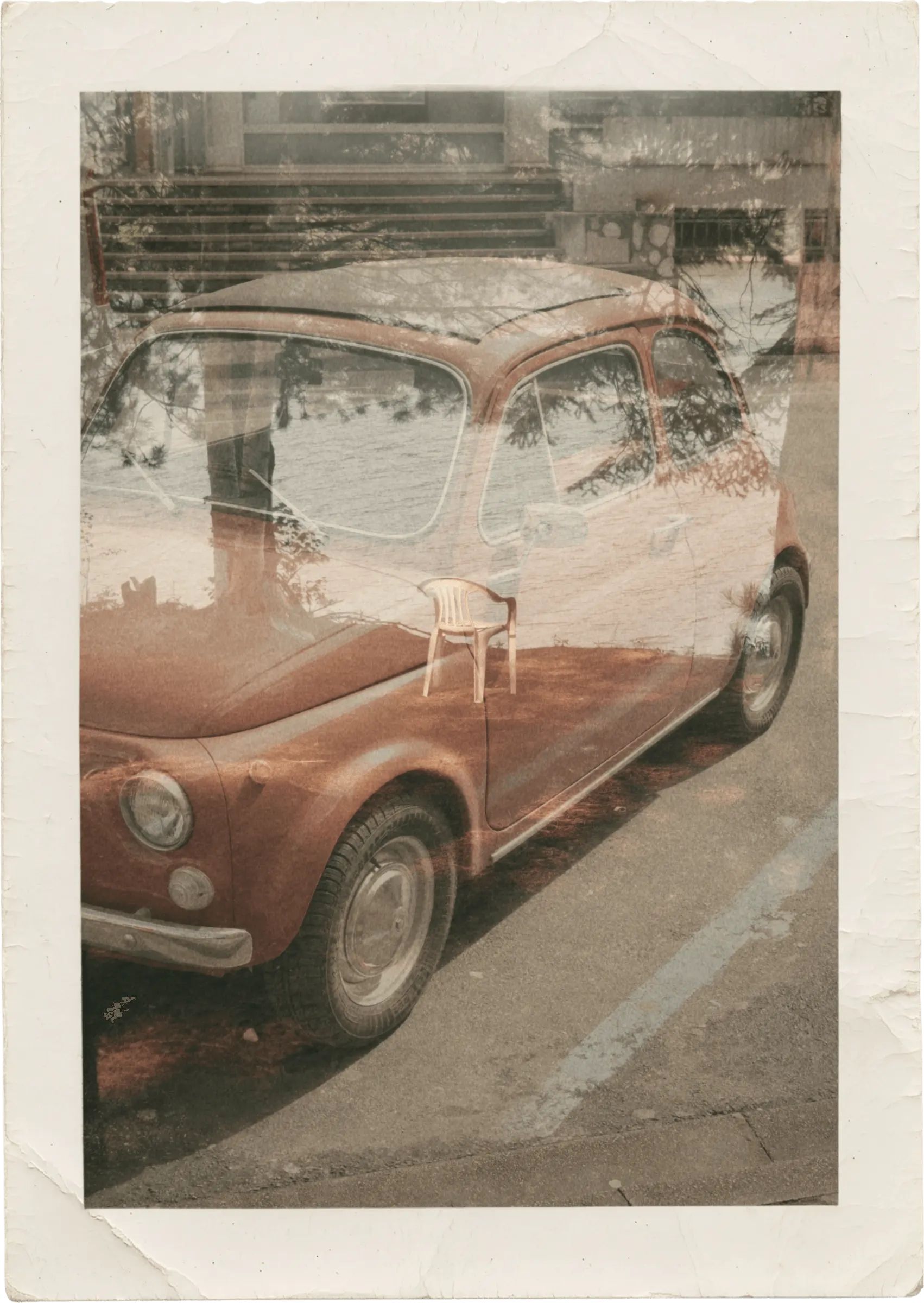 double exposure of a chair nearby a lake on a vintage fiat 500