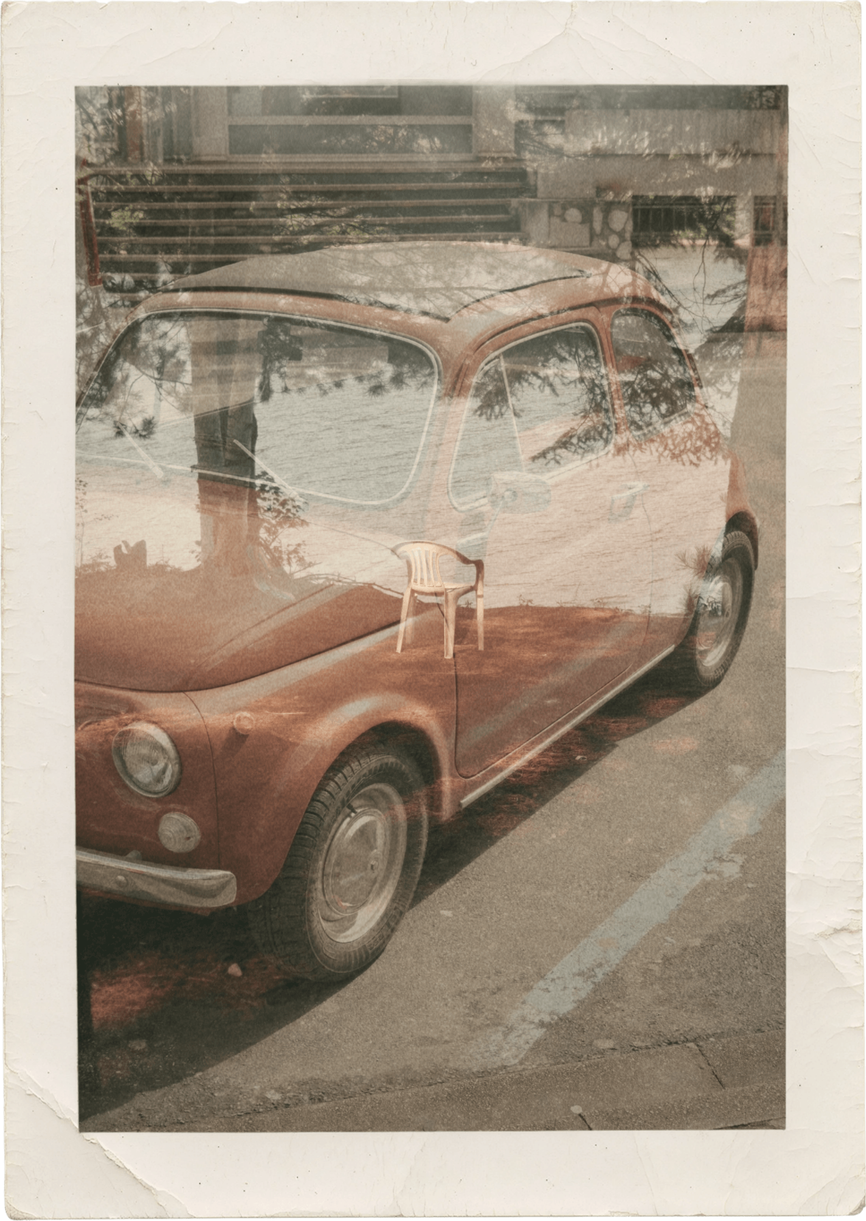 double exposure of a chair nearby a lake on a vintage fiat 500